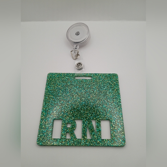 Sparkle RN Badge Buddy | Green Glitter ID Tag | Nurse Accessory - Picture 1 of 3